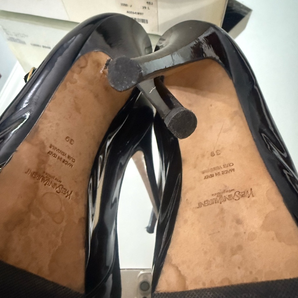 Yves Saint Laurent Patent Tribute 105 Pumps Black Heels Mary Jane Peep Toe YSL - Picture 6 of 7
